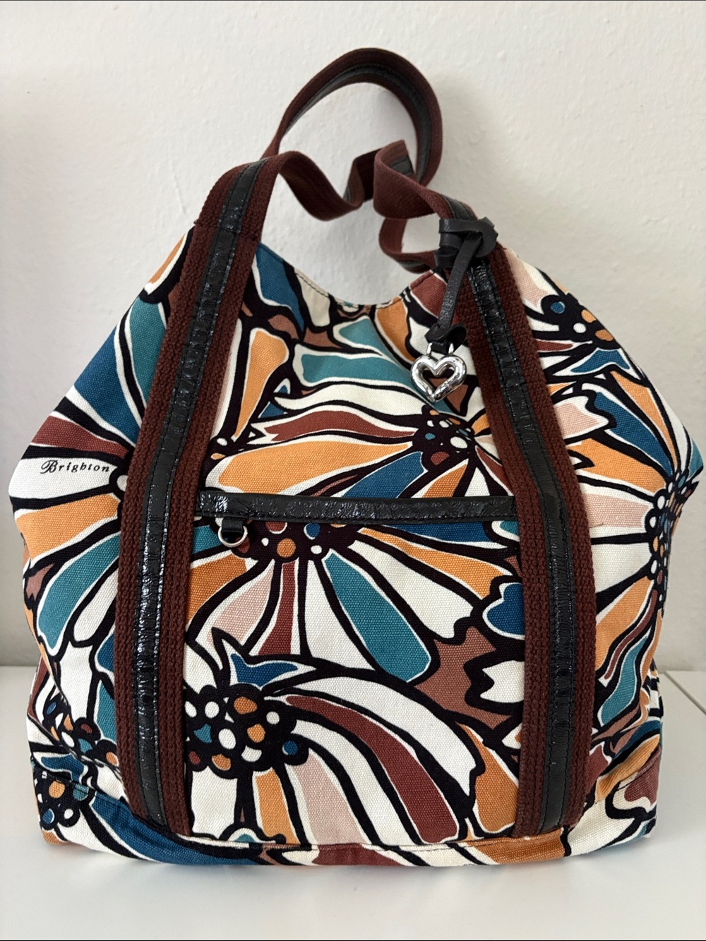 Brighton Brown Teal Orange Brown Floral Canvas Tote